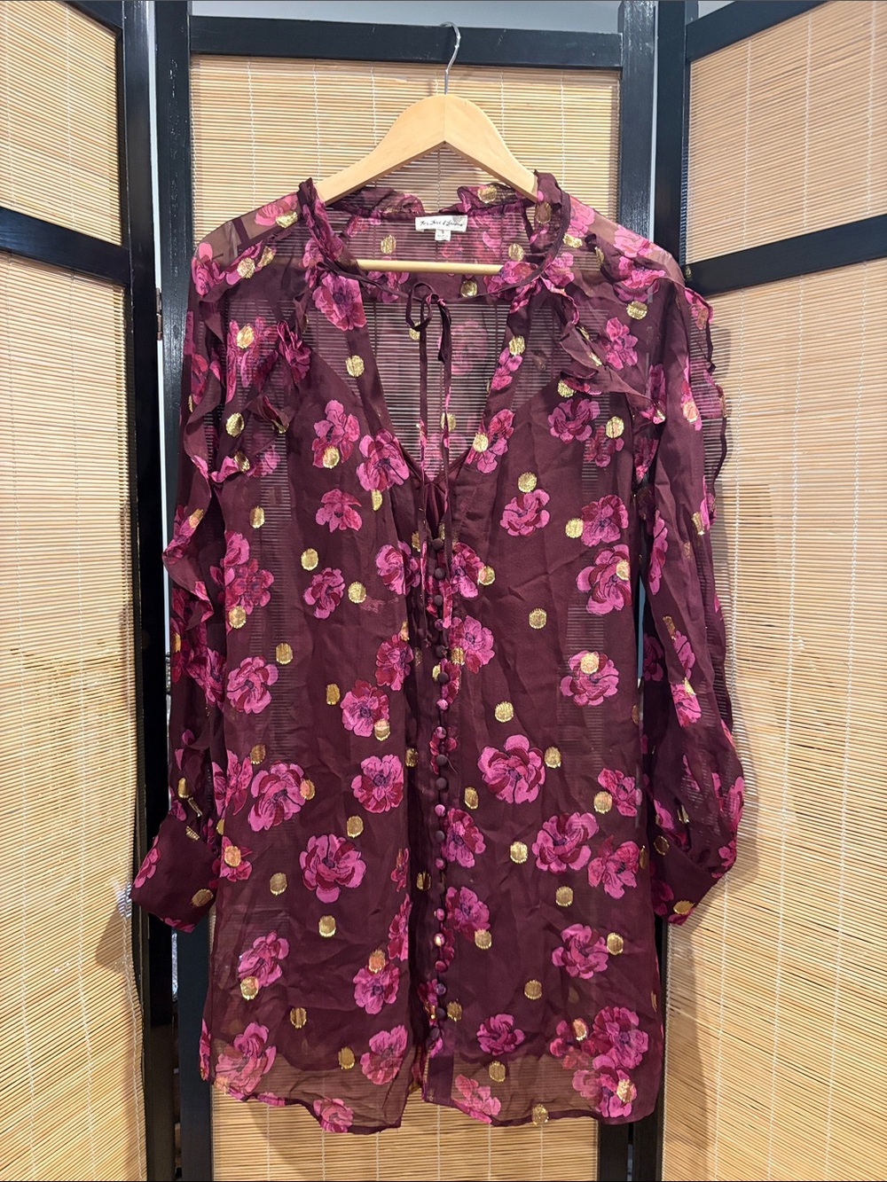 Silk Floral Tie-Neck Blouse in Burgundy with Pink Accents